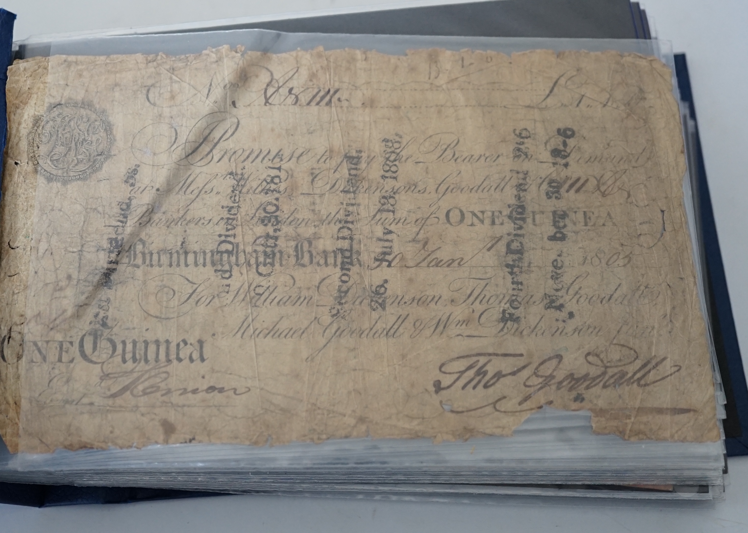 World banknotes, including Birmingham Bank One Guinea (poor), GRVI and QEII 10 shillings, £1, and £5, USA, Egypt, France, Algeria, Italy, Philippines, Russia etc.